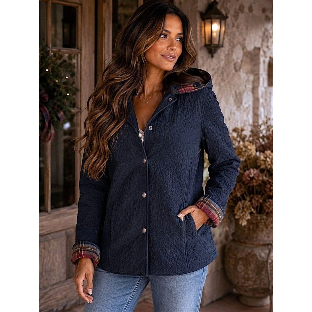 Paolo Alessia M Quilted Hooded Jacket Black Plaid Lined Snap Front Minimalist